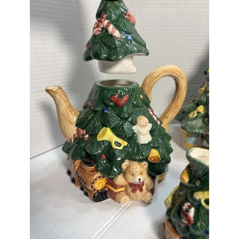 RARE! Vintage 1995 Jay Import Christmas Tree Tea Teapot‎ Creamer Cookie Jar Set
